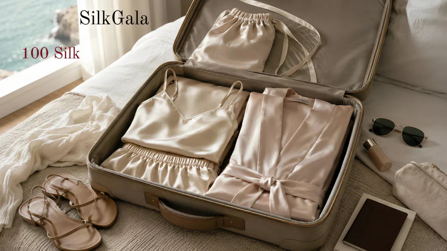 Silk cami set and light robe packed neatly in a summer travel suitcase