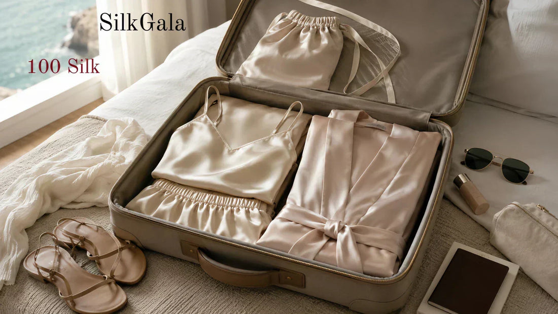 Silk cami set and light robe packed neatly in a summer travel suitcase