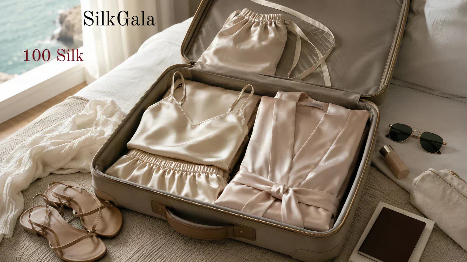 Silk cami set and light robe packed neatly in a summer travel suitcase