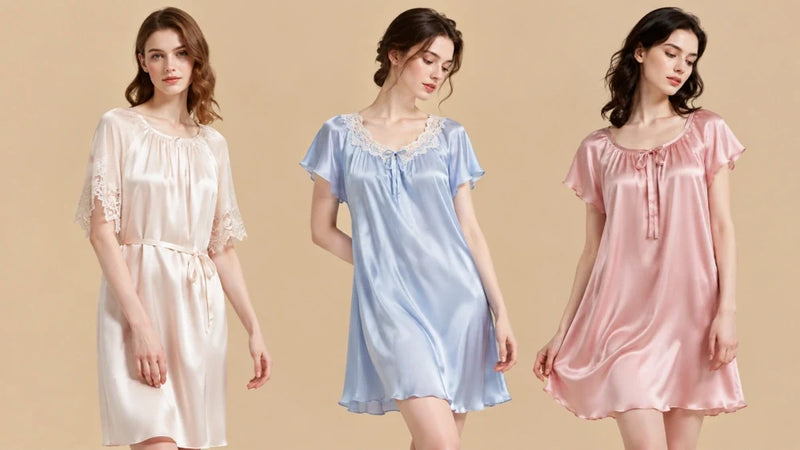 Silkgala short sleeve silk sleep dresses in ivory, blue and pink