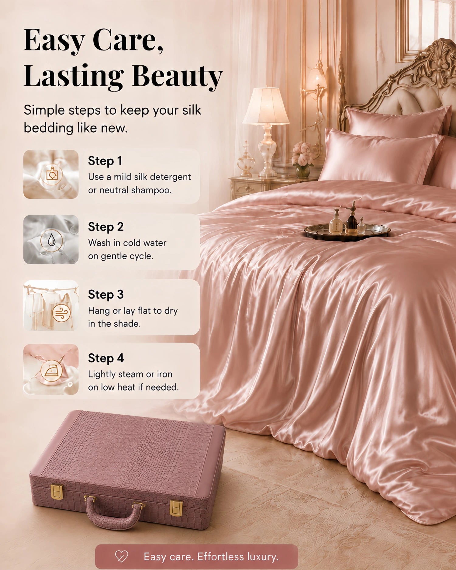 30 Momme mulberry silk bedding care guide showing washing, drying, and maintenance steps for long-lasting silk bedding