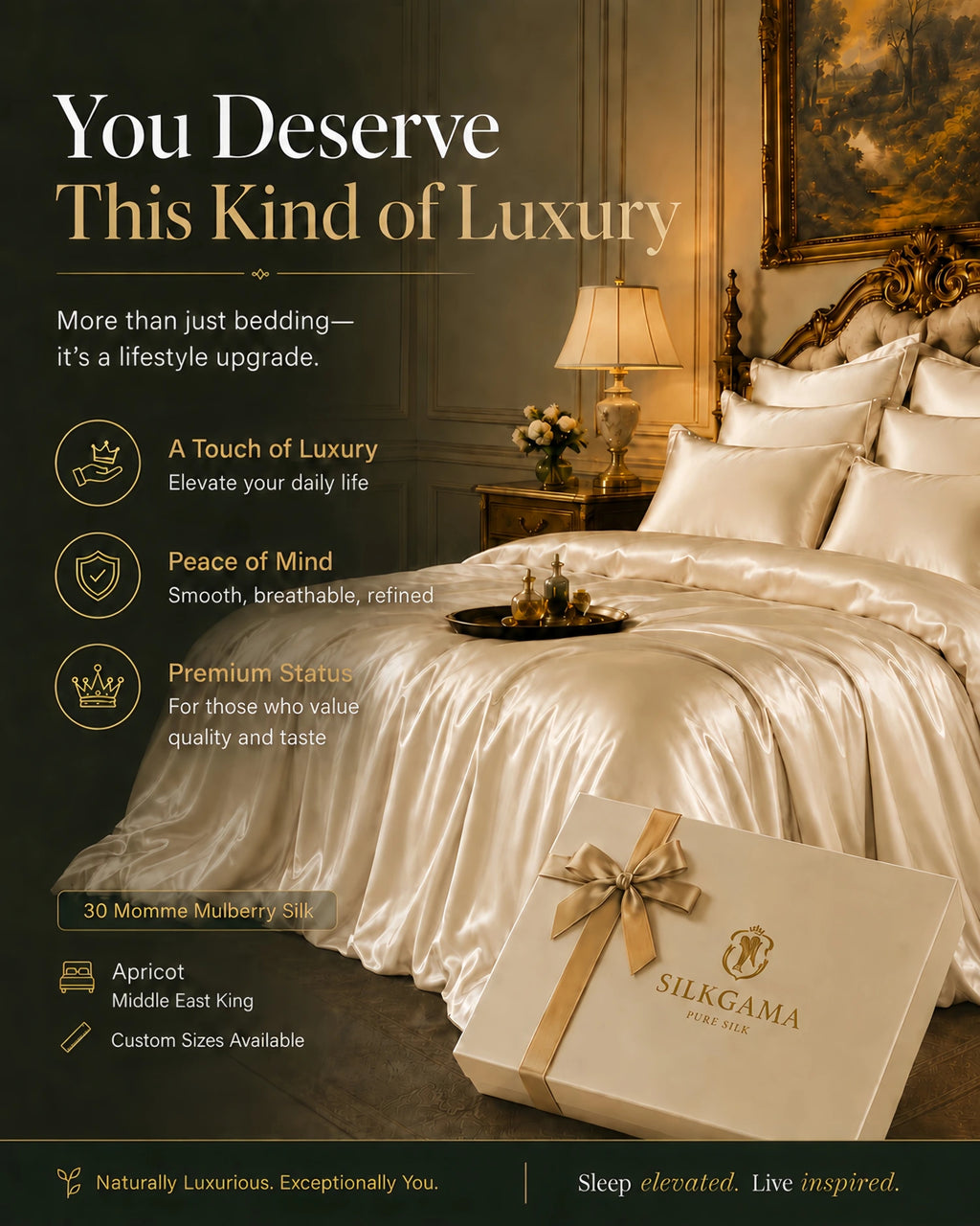 30 Momme apricot mulberry silk 4-piece bedding set with elegant bedroom styling, luxury gift box, and custom size availability