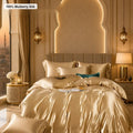 Champagne gold 30 momme mulberry silk bedding set in a luxury Middle East master bedroom
