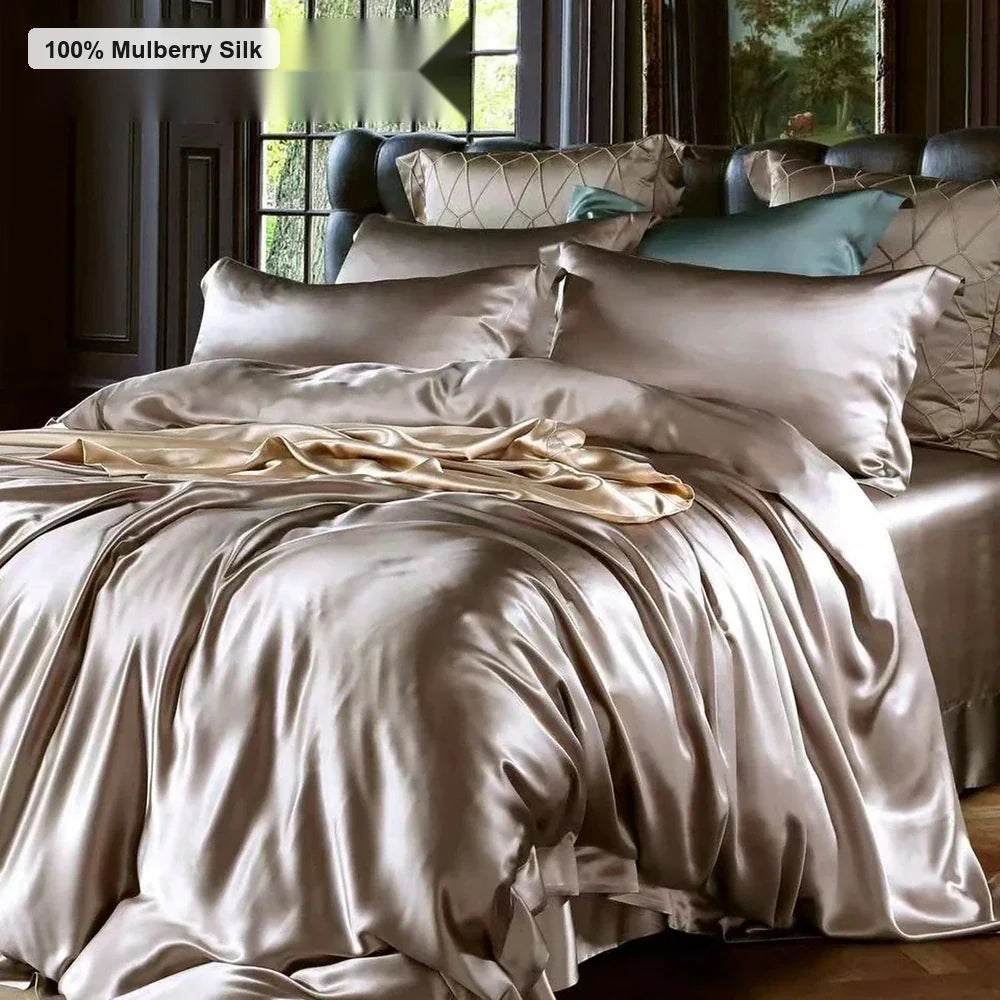 Beige gold 30 momme mulberry silk bedding set in a refined luxury bedroom scene