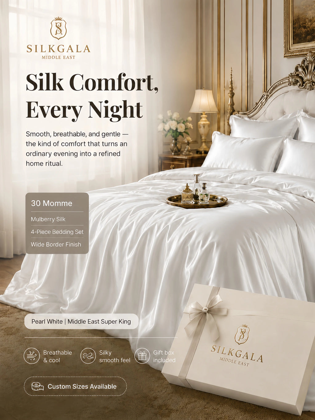 White 30 Momme mulberry silk bedding set with elegant bedroom styling and luxury gift box for Middle East king size bedding
