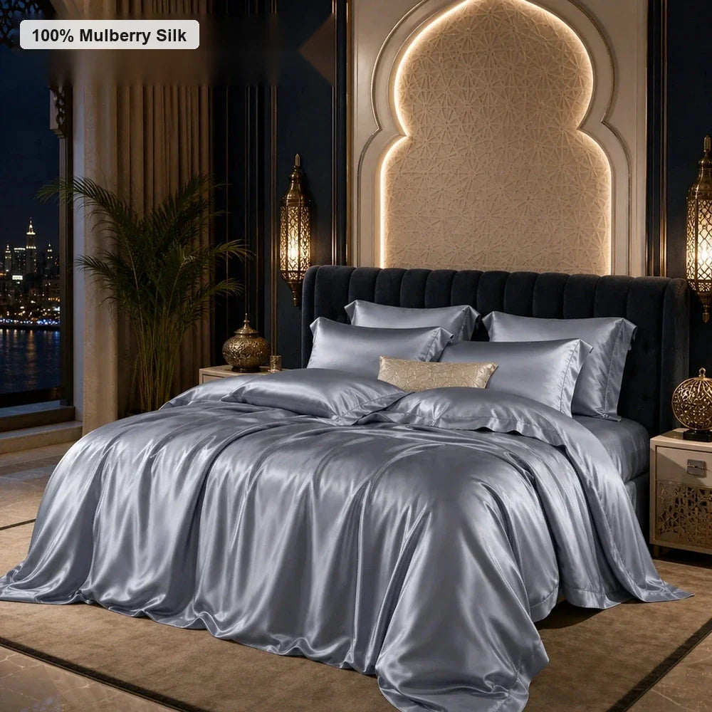 Blue grey 30 momme mulberry silk bedding set in a luxury Middle East master bedroom