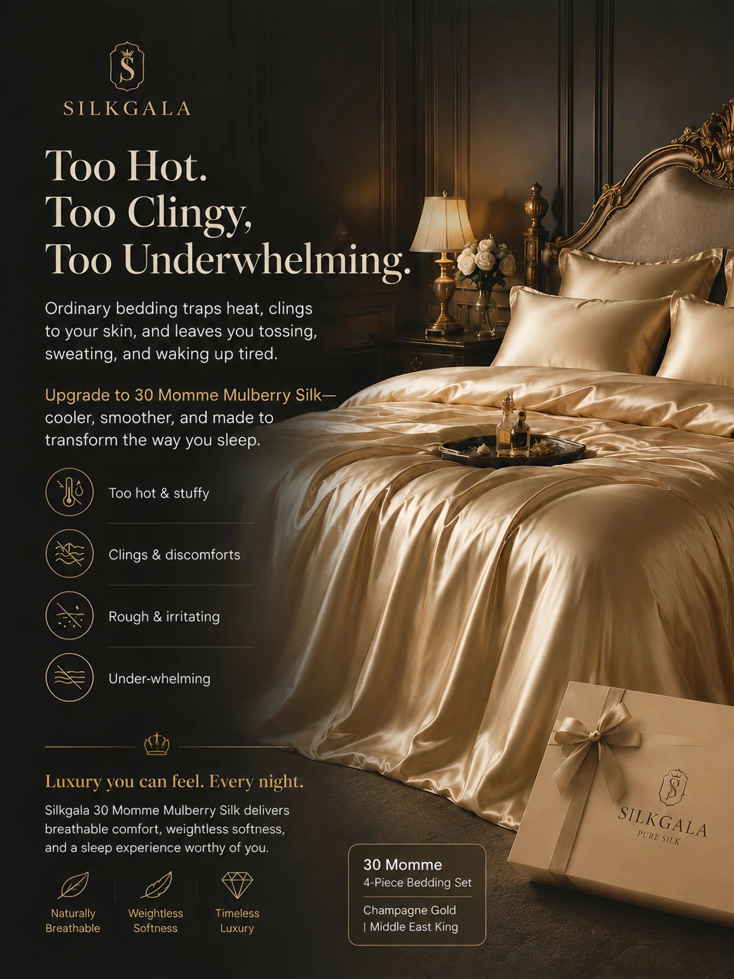 30 Momme mulberry silk bedding set in champagne gold color highlighting smooth texture, breathable comfort, and refined bedroom style