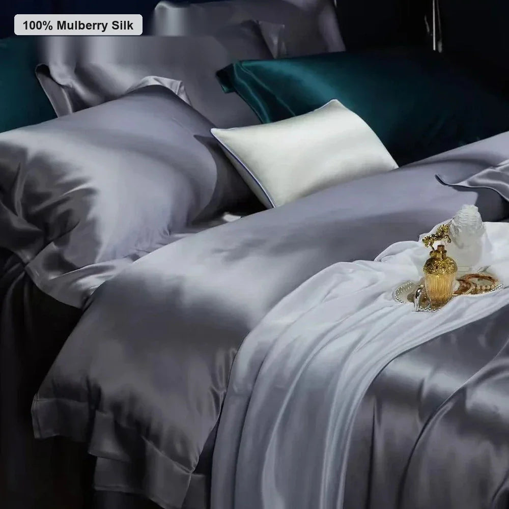 Blue grey mulberry silk bedding set with smooth luminous silk drape