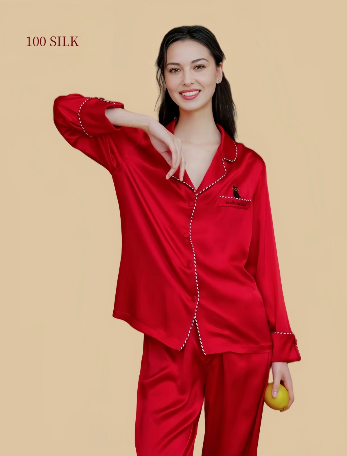 22 Momme Mulberry Silk Pajama Set | Long Sleeve Contrast Piping Cat Embroidery