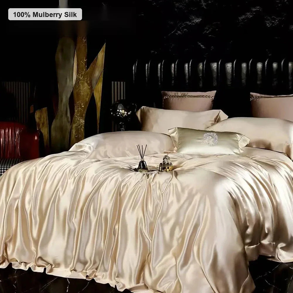 Champagne gold mulberry silk duvet cover and pillowcases with luminous silk drape