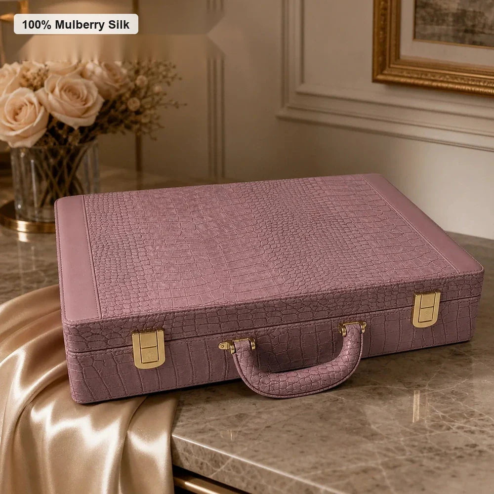 Silkgala luxury mulberry silk bedding gift box with textured finish in an elegant bedroom gifting scene