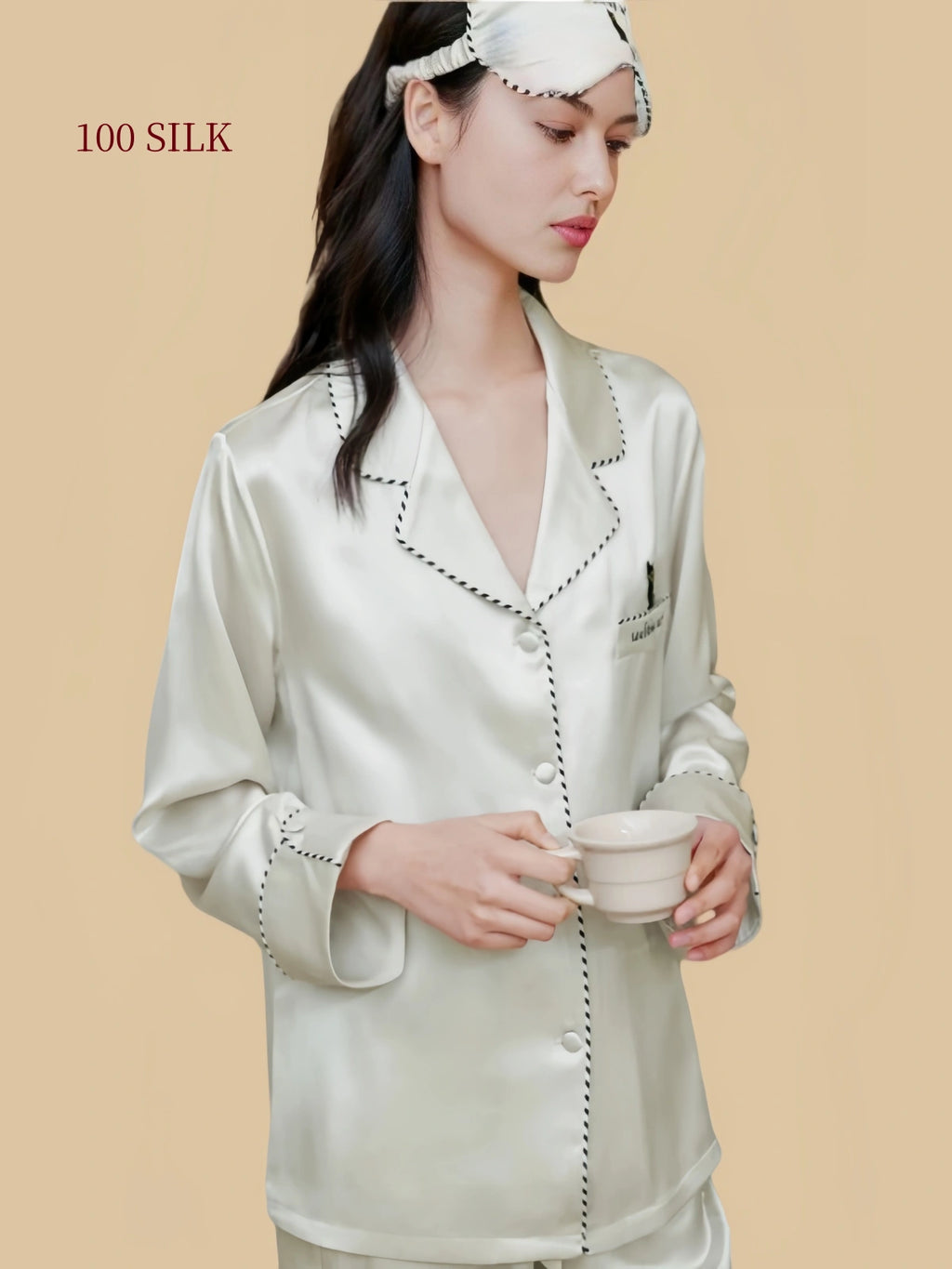22 Momme Mulberry Silk Pajama Set | Long Sleeve Contrast Piping Cat Embroidery