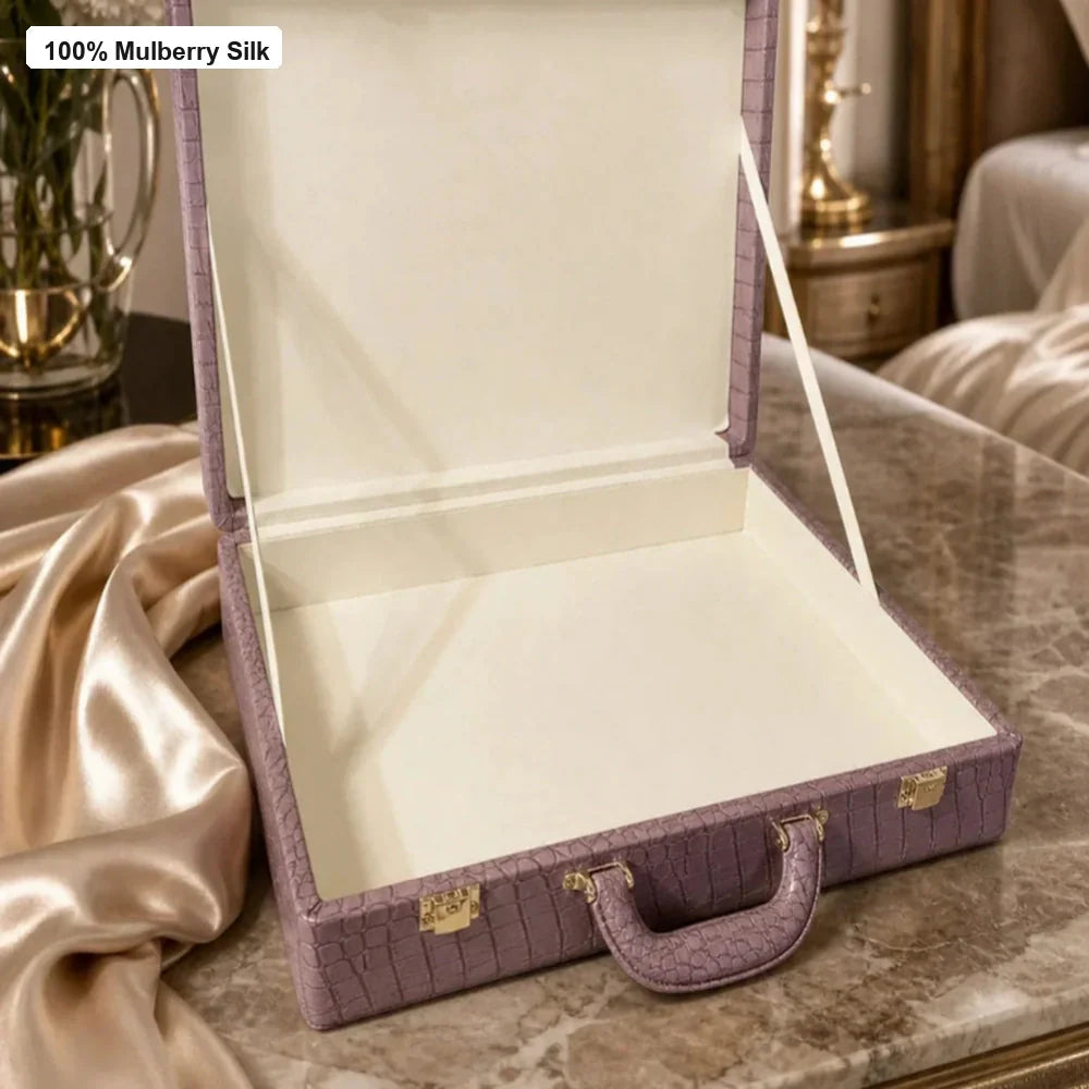 Open structured gift box for Silkgala luxury mulberry silk bedding in an elegant bedroom gifting scene