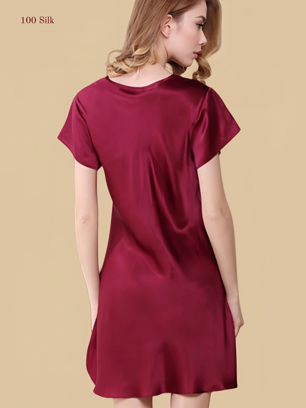 Purple 16mm silk sleep dress front view with lace-trim V-neck and short sleeves