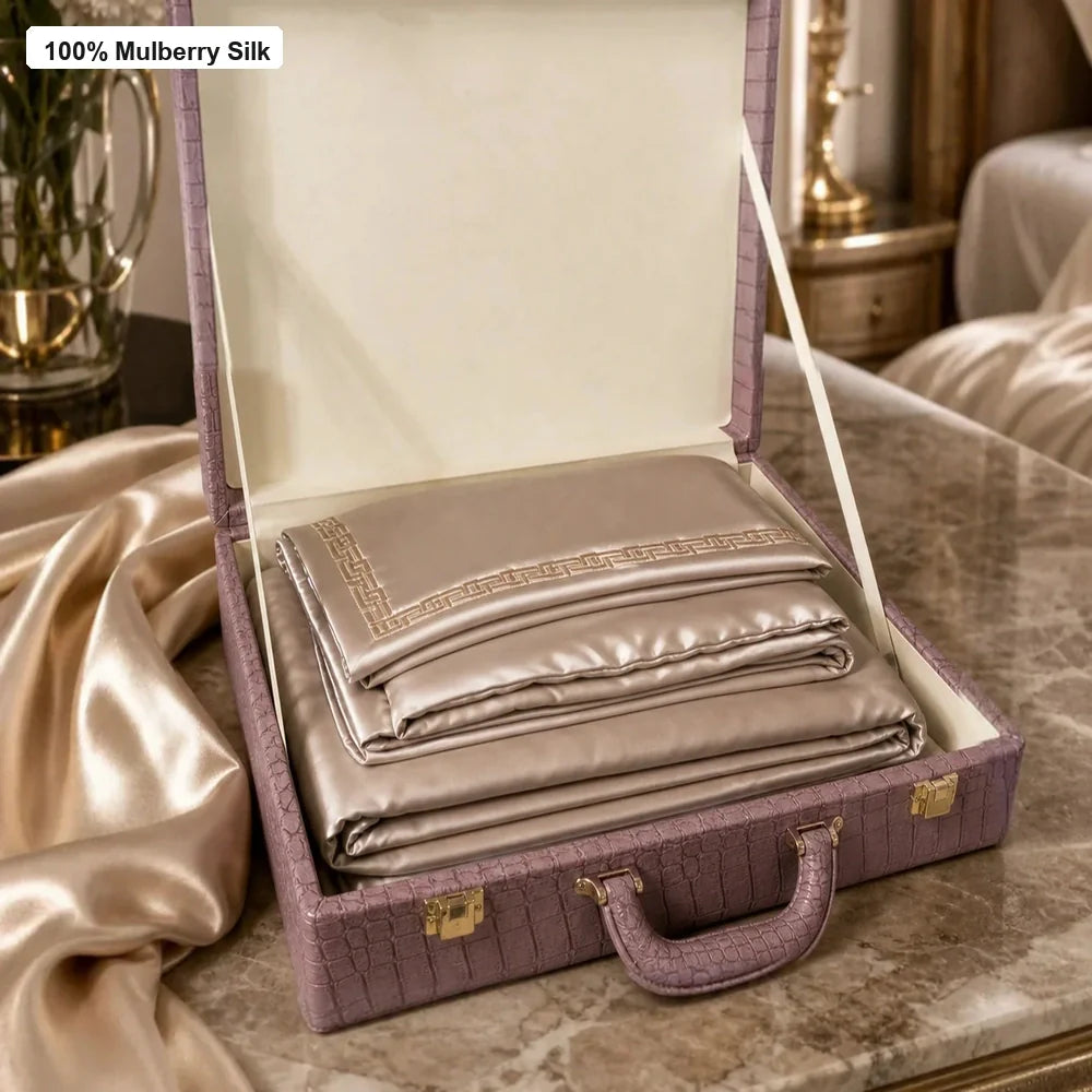 Folded 30 momme mulberry silk bedding set presented inside a luxury Silkgala gift box
