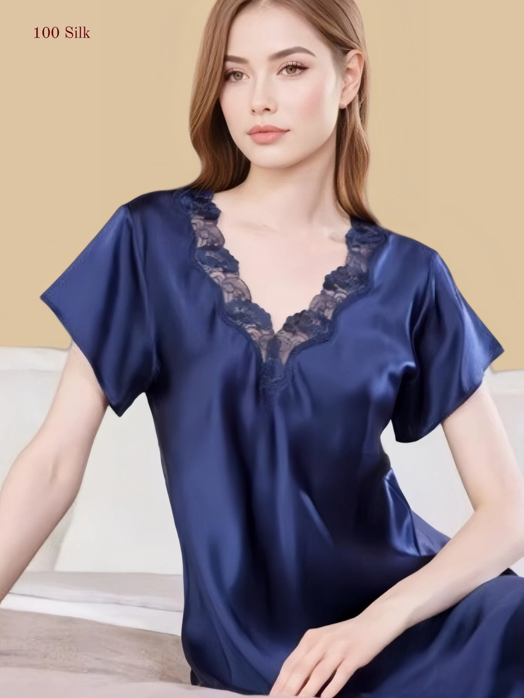 Purple 16mm silk sleep dress front view with lace-trim V-neck and short sleeves