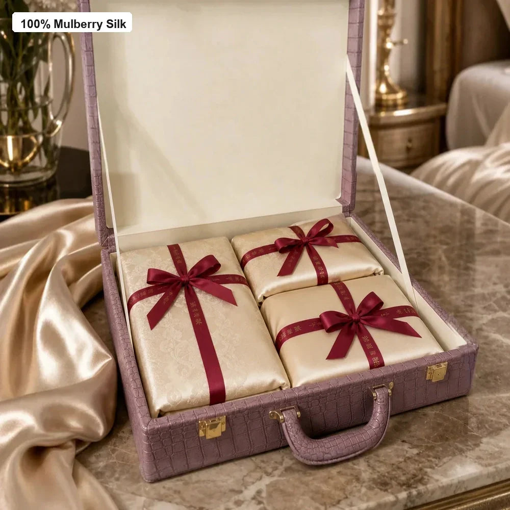 Ribbon wrapped mulberry silk bedding gift set arranged inside a luxury Silkgala gift box