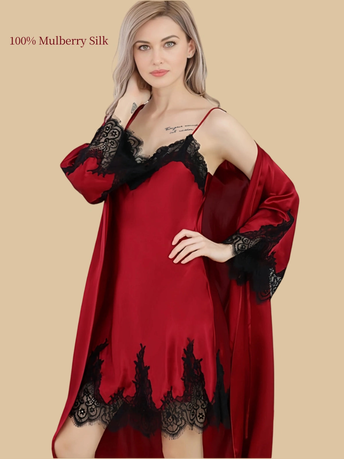 Design details of a Deep Red 16 Momme mulberry silk slip dress and robe set with contrast lace and a tie waist