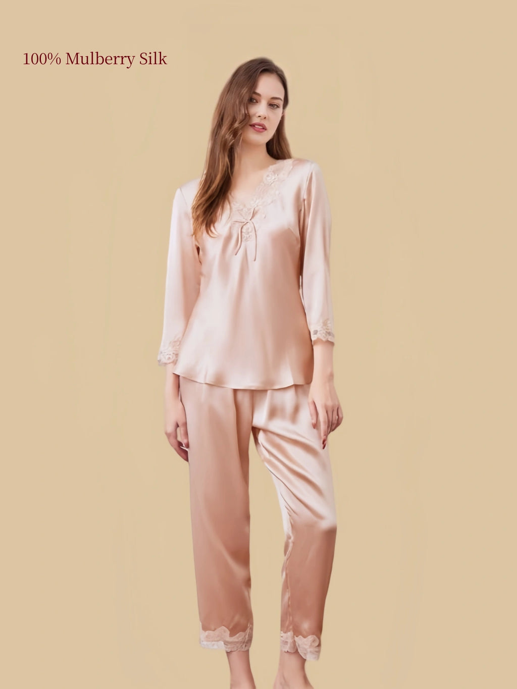 Silkgala Dusty Apricot mulberry silk pajama set with a delicate lace V-neck, matching bow, shorter-length sleeves and straight-leg pants.