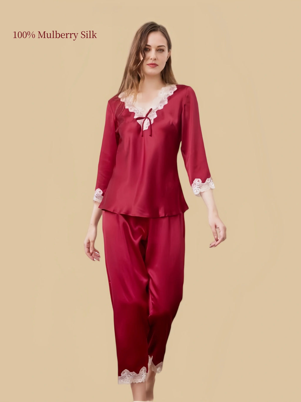 Silkgala 16 Momme Jujube Red mulberry silk pajama set featuring a floral lace V-neck, decorative bow and matching straight-leg pants with lace hems.