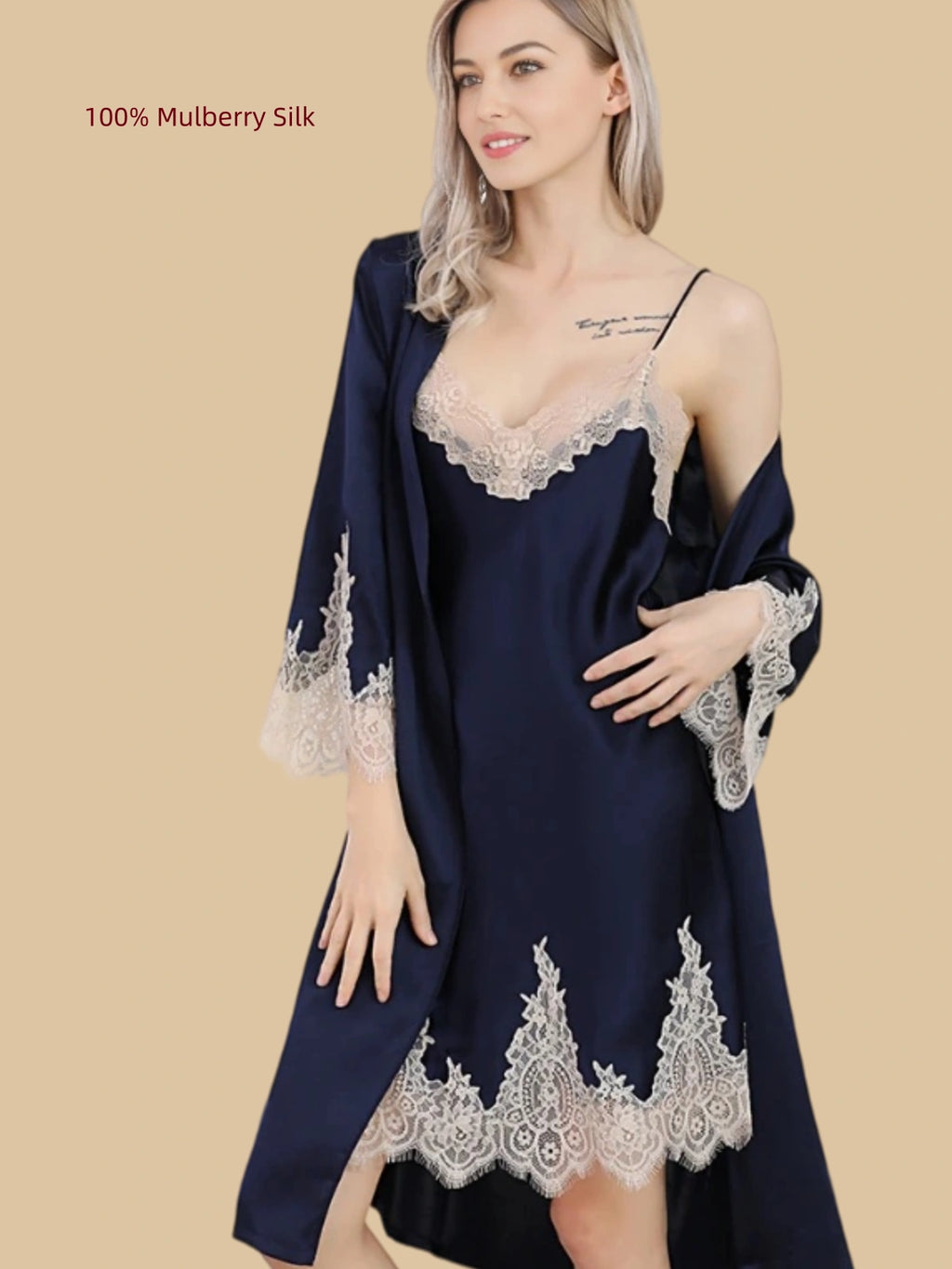 Navy Blue 16 Momme mulberry silk slip dress and robe set with ivory contrast lace