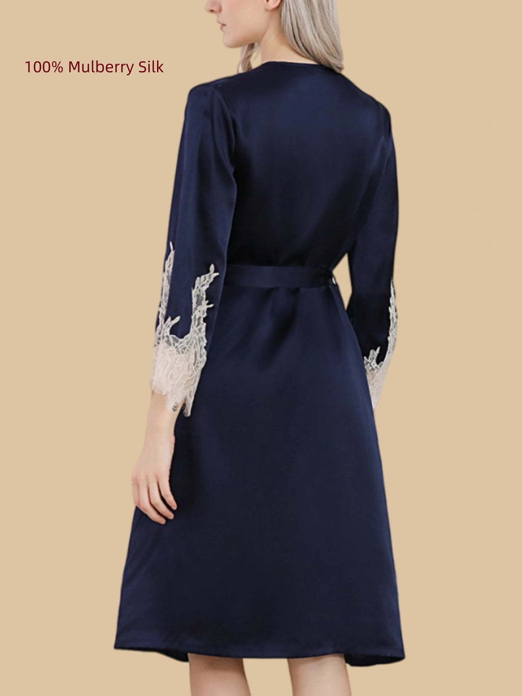 Back view of a Navy Blue 16 Momme mulberry silk robe with ivory lace cuffs and a waist tie