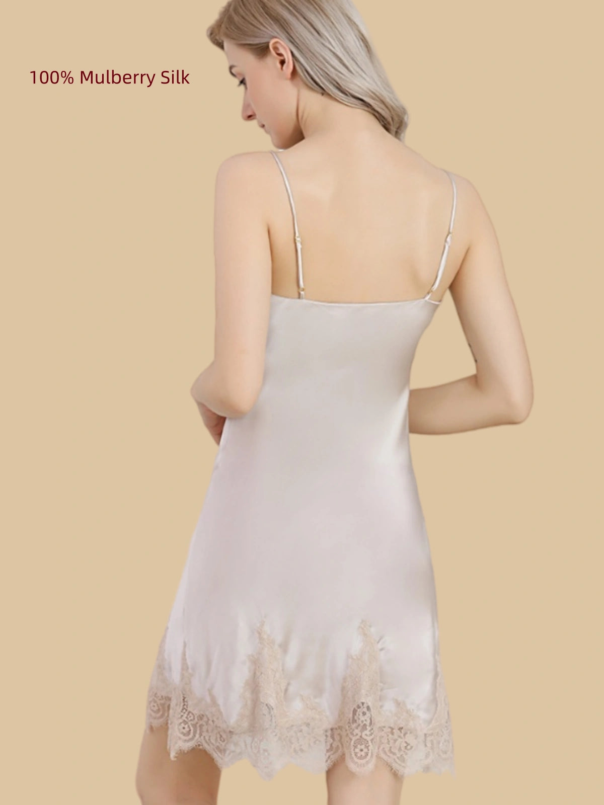 Back view of a Nude Beige 16 Momme mulberry silk slip dress with adjustable shoulder straps