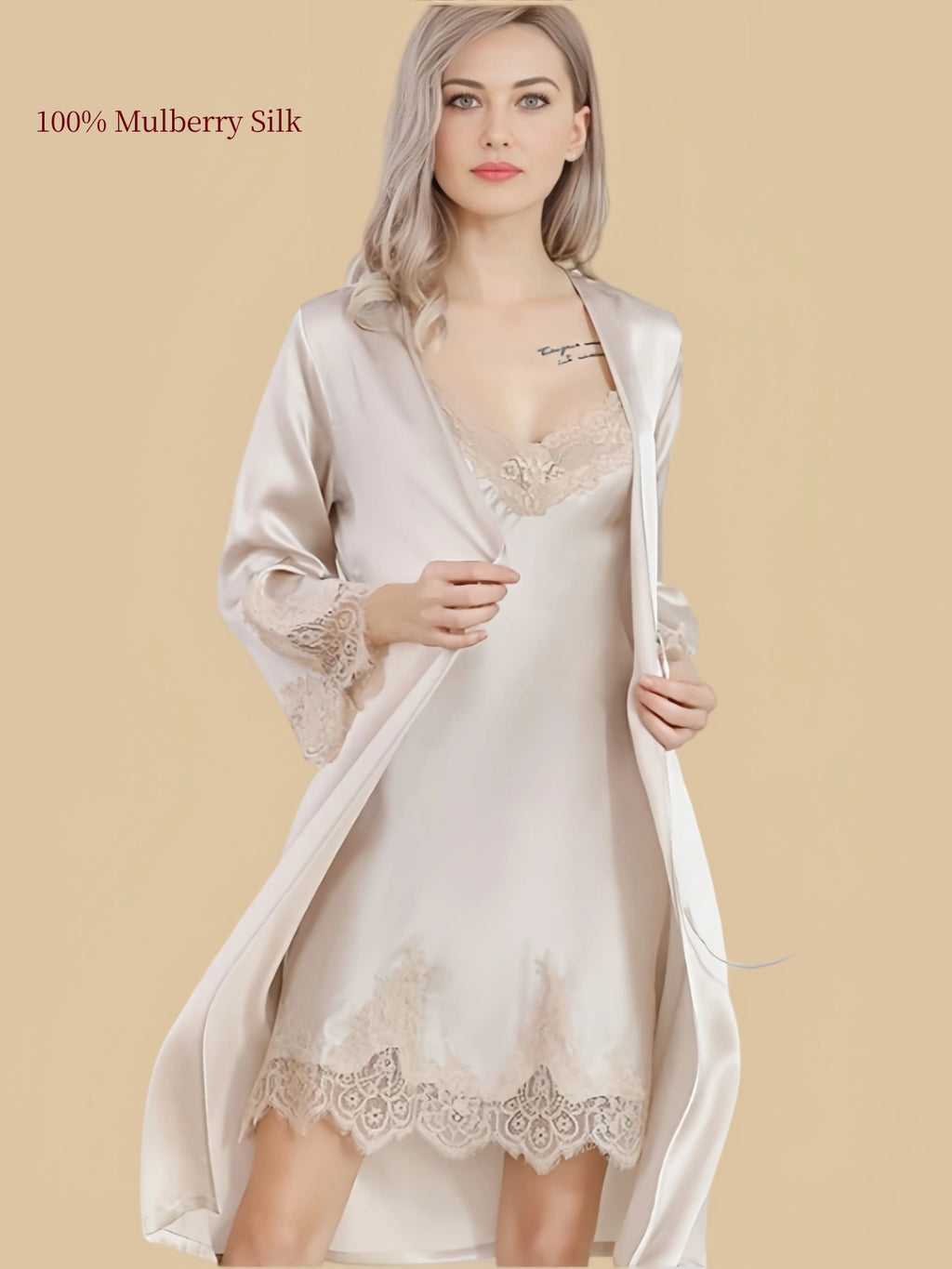 Nude Beige 16 Momme mulberry silk slip dress and robe set with tonal lace trim
