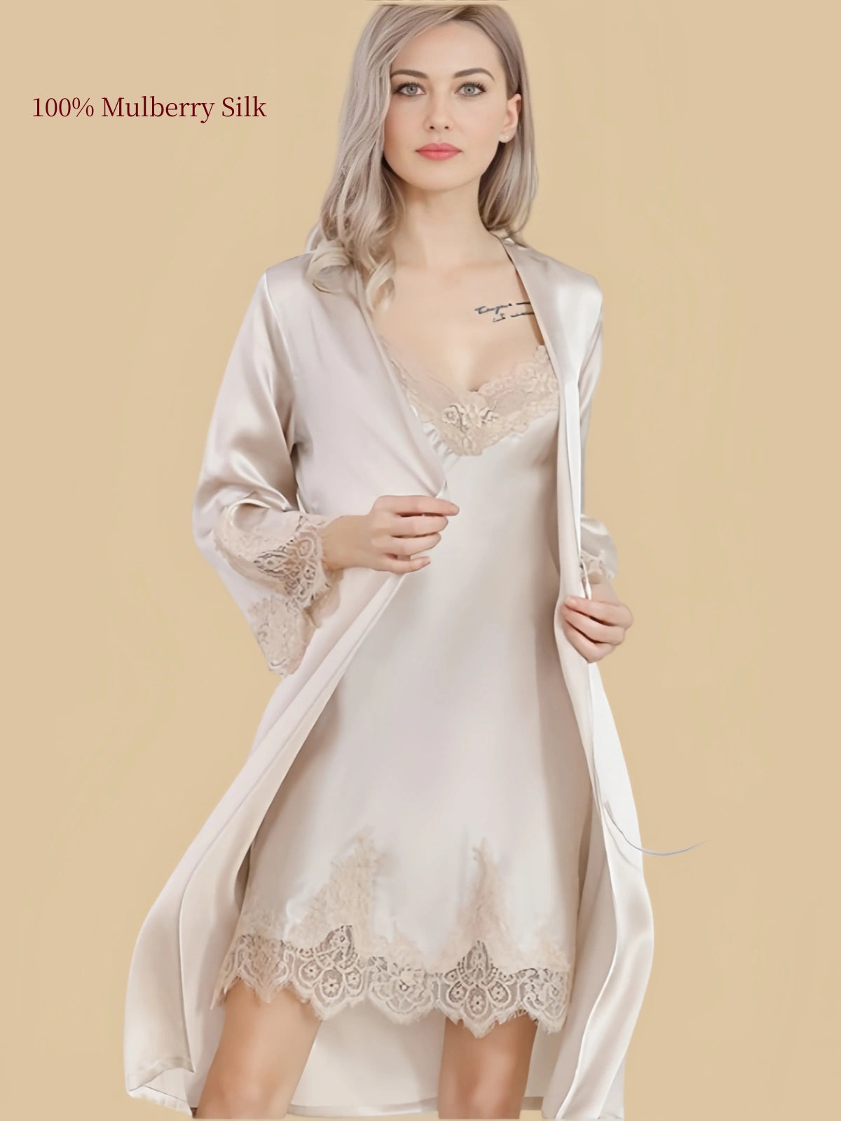 Nude Beige 16 Momme mulberry silk slip dress and robe set with tonal lace trim