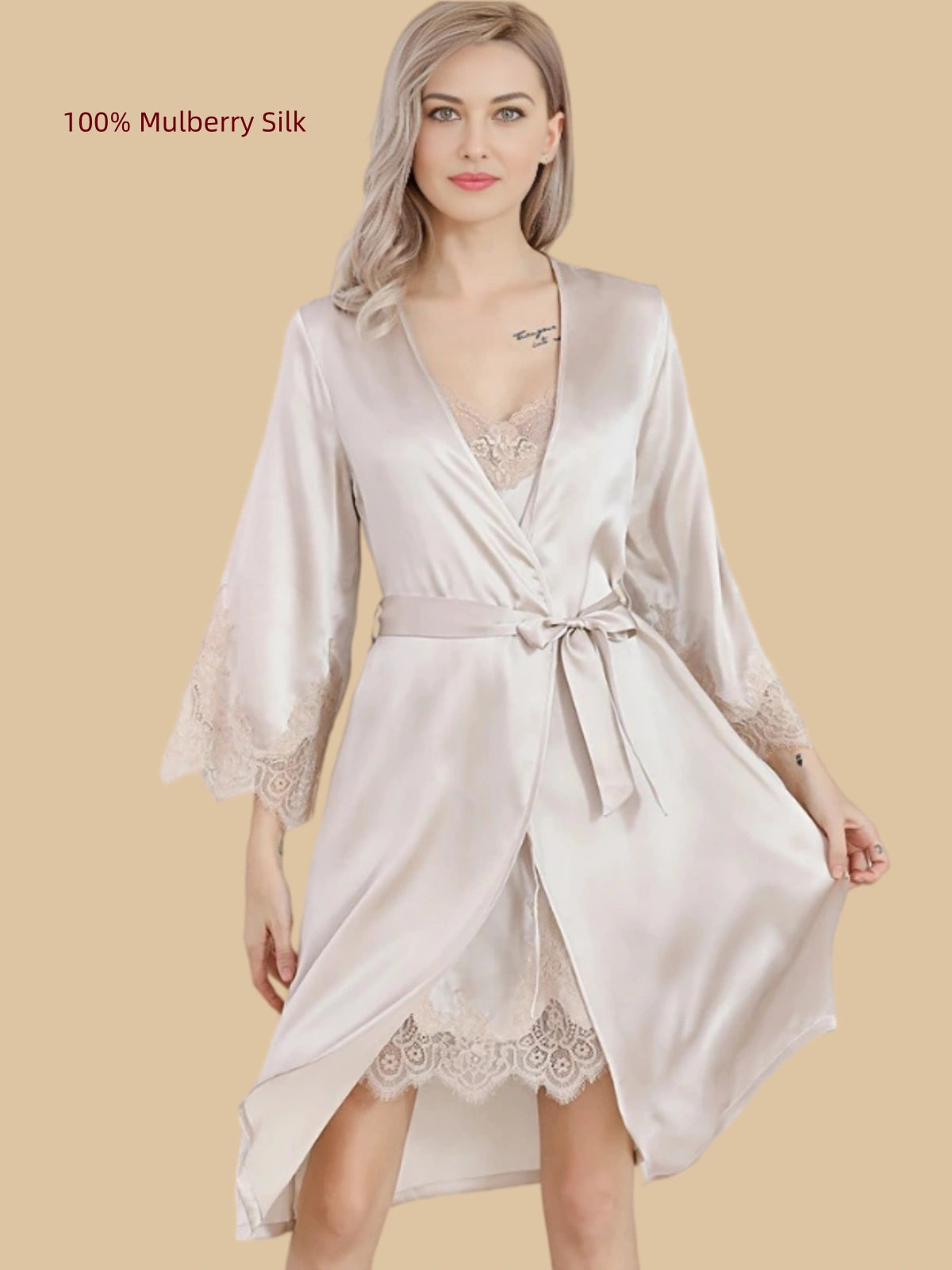 Front view of a Nude Beige 16 Momme mulberry silk wrap robe with lace cuffs and a tie waist