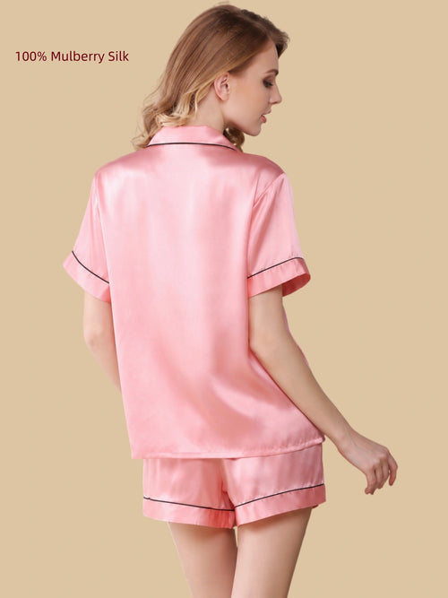 Back view of a pink 16 Momme mulberry silk short-sleeve shirt and shorts pajama set