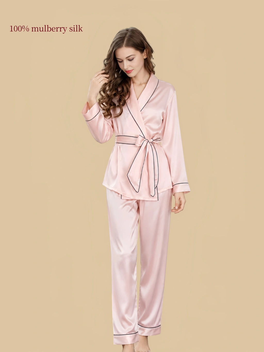 Silkgala 16 Momme pink mulberry silk pajama set with wrap-front top, waist tie, contrast piping and matching long pants.
