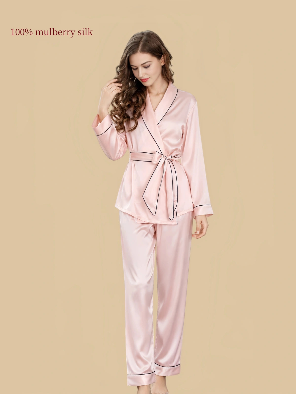 Silkgala 16 Momme pink mulberry silk pajama set with wrap-front top, waist tie, contrast piping and matching long pants.