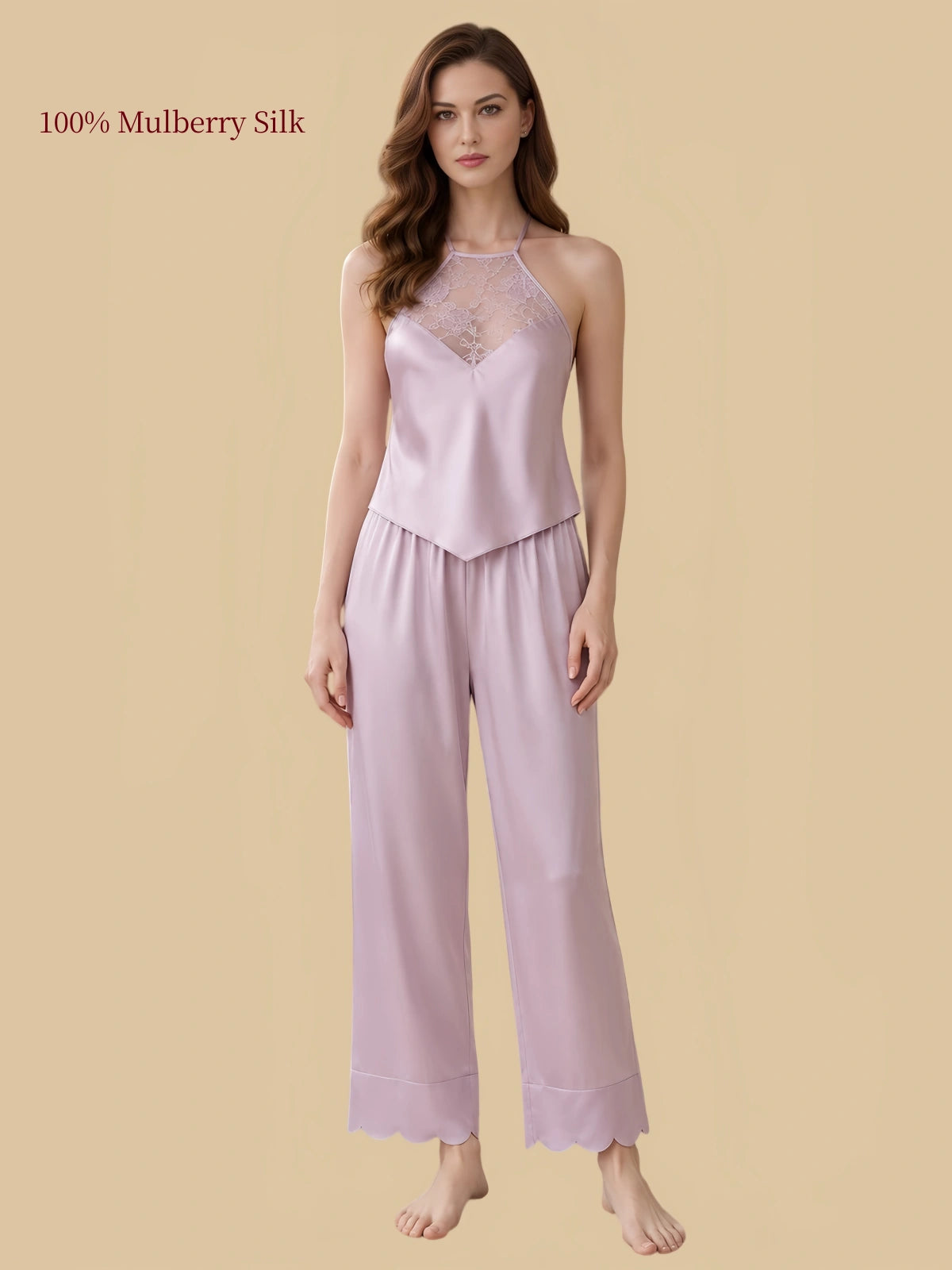 Light Purple silk halter top featuring a floral lace front panel and coordinating long pants with scalloped hems.