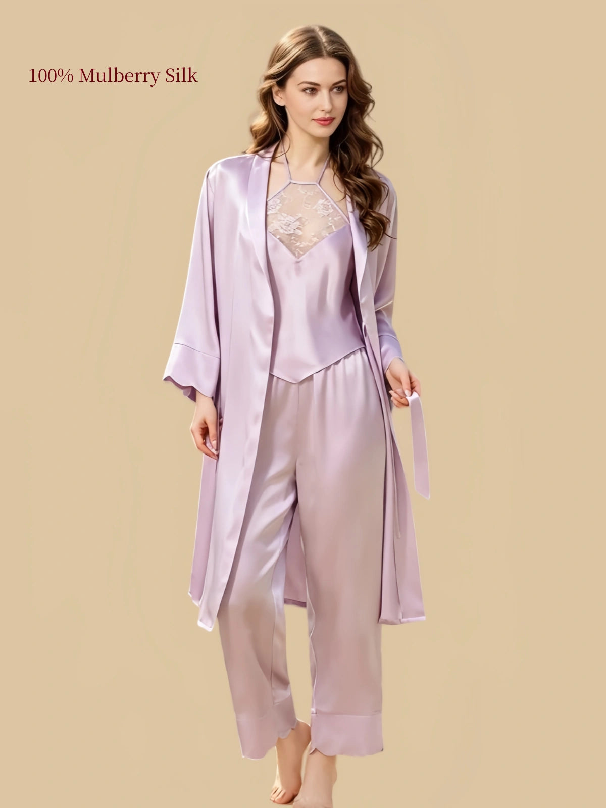 Light Purple 16 momme silk three-piece set with a floral lace halter top, relaxed pants and matching belted robe.