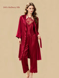Luxurious Red 16 momme silk three-piece lounge set with a floral lace halter top, long pants and matching belted robe.