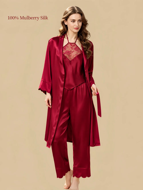 Luxurious Red 16 momme silk three-piece lounge set with a floral lace halter top, long pants and matching belted robe.