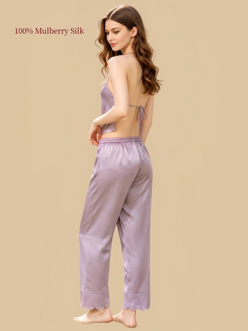 Side view of Light Purple silk halter top showing the adjustable back ties and relaxed matching pants.