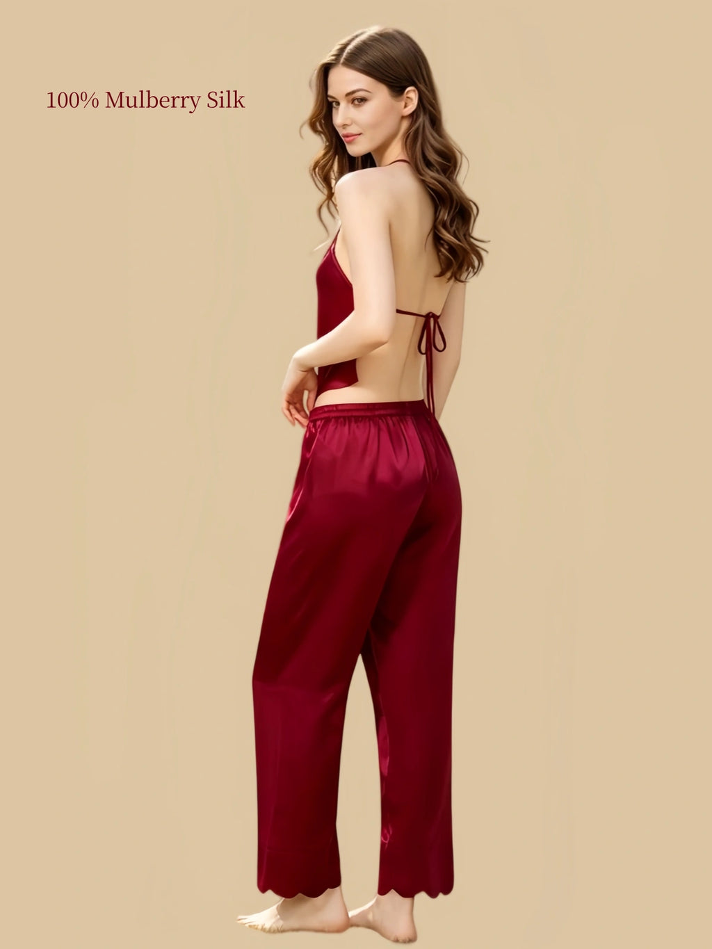 Side view of Luxurious Red silk halter top showing an adjustable tie-back design and coordinating long pants.