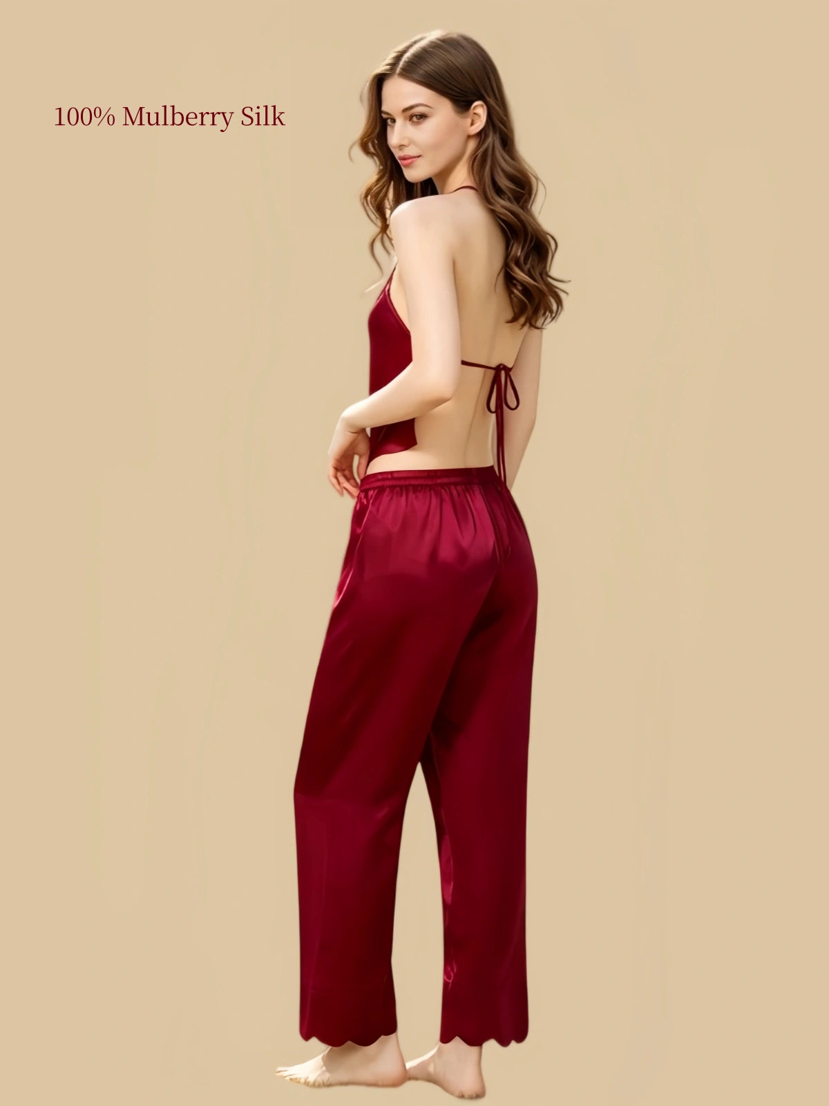 Side view of Luxurious Red silk halter top showing an adjustable tie-back design and coordinating long pants.