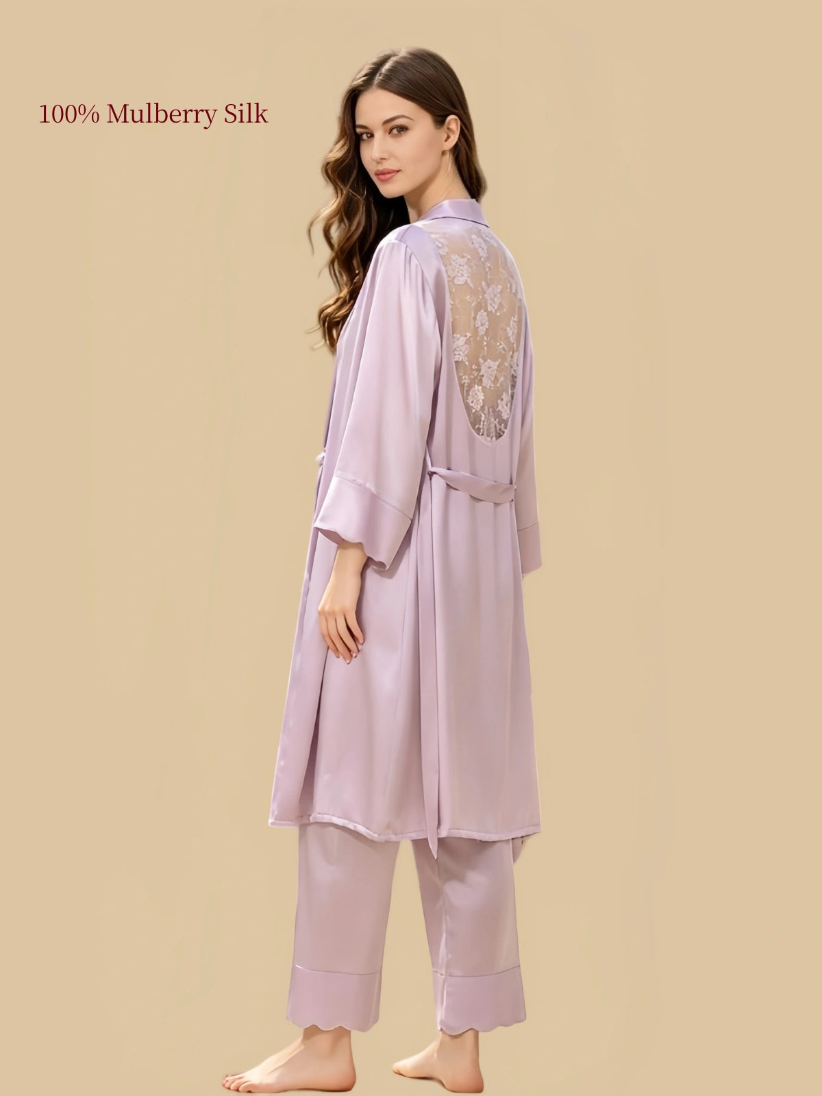 Rear side view of Light Purple silk robe with decorative floral lace across the upper back and a matching waist belt.