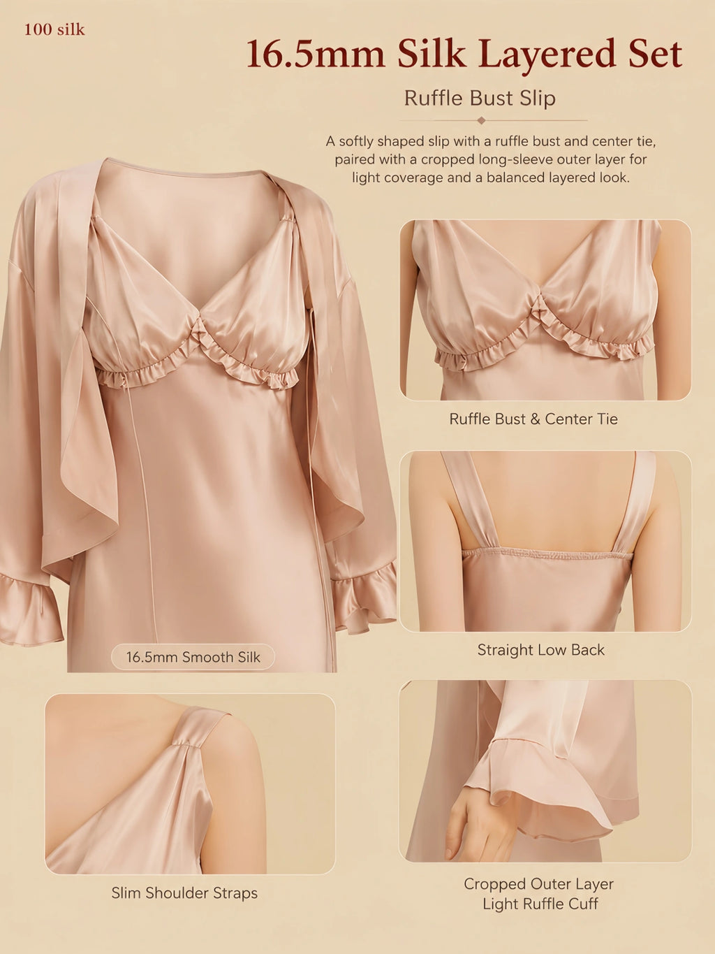 16.5mm champagne silk layered set with ruffle bust slip, center tie, cropped outer layer, and smooth silk drape