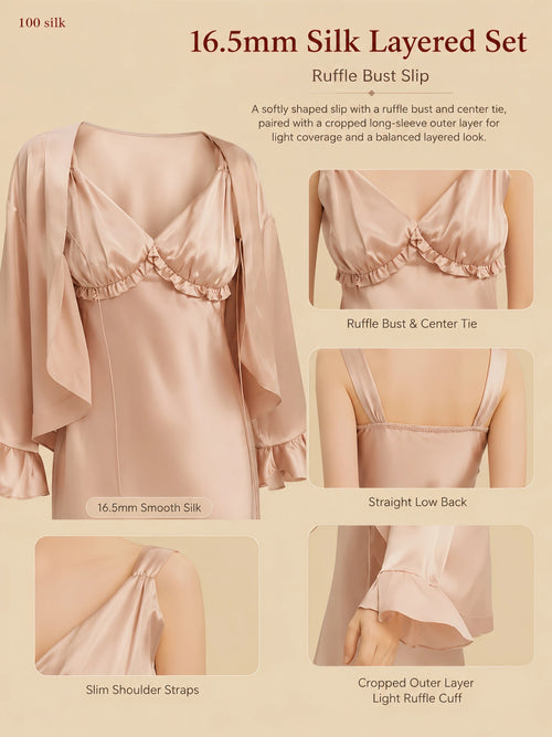 16.5mm champagne silk layered set with ruffle bust slip, center tie, cropped outer layer, and smooth silk drape