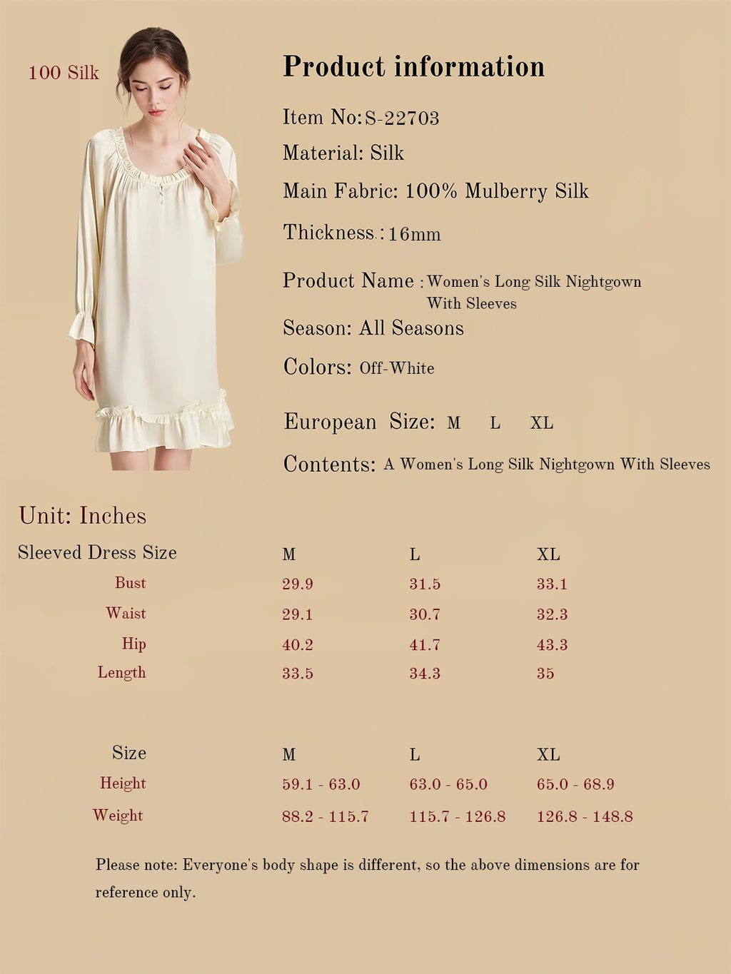 Size Chart for Women's 16 Momme Long Sleeve Silk Dress with sleeve length and hem width details | Silkgala
