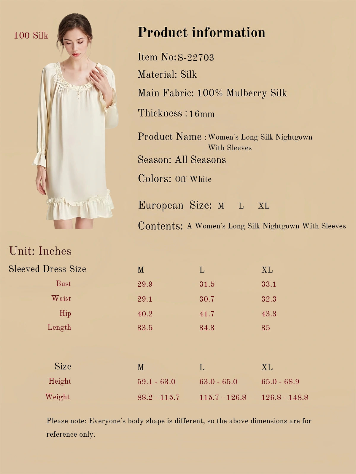 Size Chart for Women's 16 Momme Long Sleeve Silk Dress with sleeve length and hem width details | Silkgala