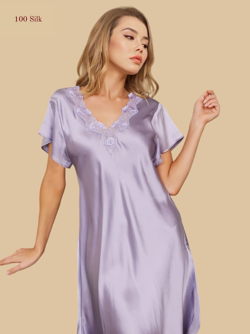 Purple 16mm silk sleep dress front view with lace-trim V-neck and short sleeves