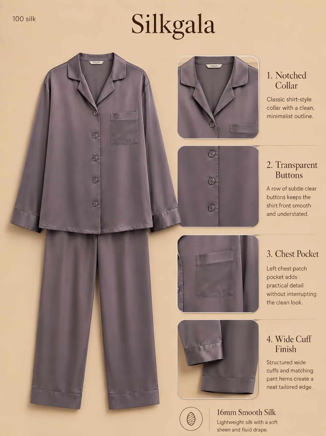 Silkgala 16mm button-up silk pajama set flat lay in purple gray with notched collar, five transparent front buttons, left chest patch pocket, wide cuffs, and full-length pants on beige background.