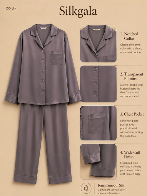 Silkgala 16mm button-up silk pajama set flat lay in purple gray with notched collar, five transparent front buttons, left chest patch pocket, wide cuffs, and full-length pants on beige background.