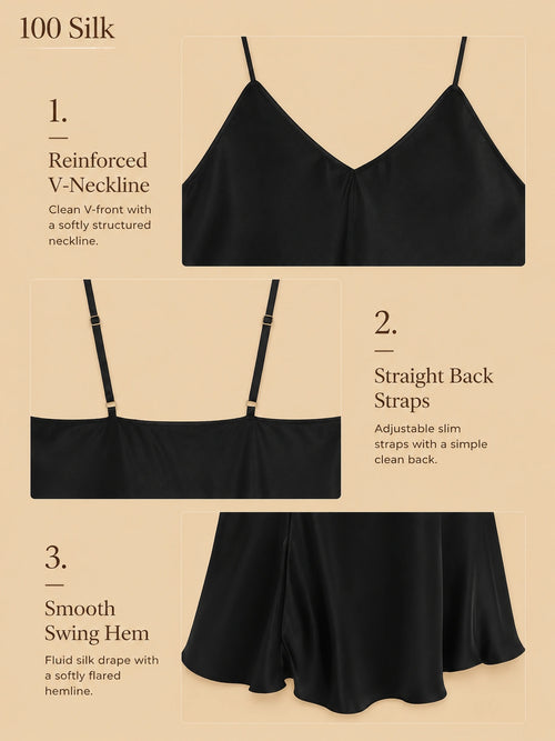 Product detail collage of a black 16mm silk camisole nightgown with a reinforced V-neckline, slim straps, and a fluid swing hem.