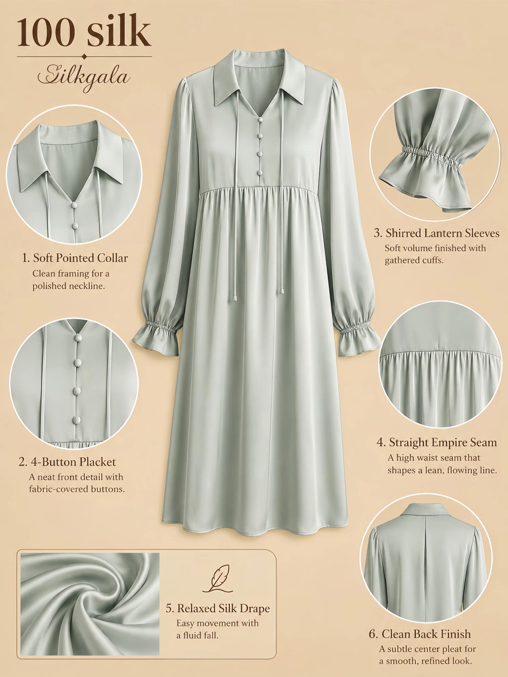 Silkgala 16mm 100% mulberry silk collared lounge dress detail image showing a soft pointed collar, 4-button placket, two front tie straps, straight empire seam, shirred lantern sleeves, and relaxed silk drape.